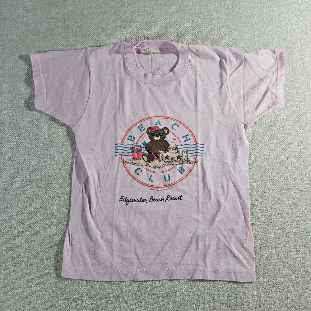 Vintage 1985 Kids Pink Club Ted Shirt Size 10-12 USA Made Graphic Tee Stain